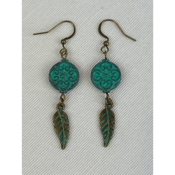 Boho Vintage Style Copper Green Patina Earrings Leaf Feather Dangle Hooks - Picture 2 of 5
